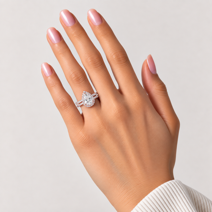 Classic Pear Moissanite Halo Ring Set 2pcs - Lydia
