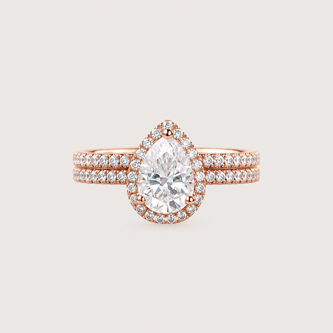 Classic Pear Moissanite Halo Ring Set 2pcs - Lydia