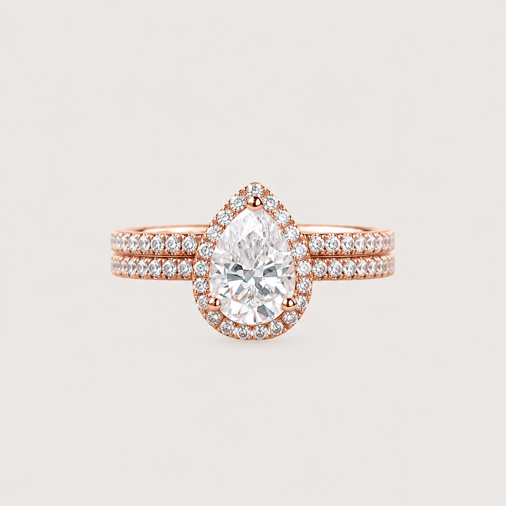 Classic Pear Moissanite Halo Ring Set 2pcs - Lydia