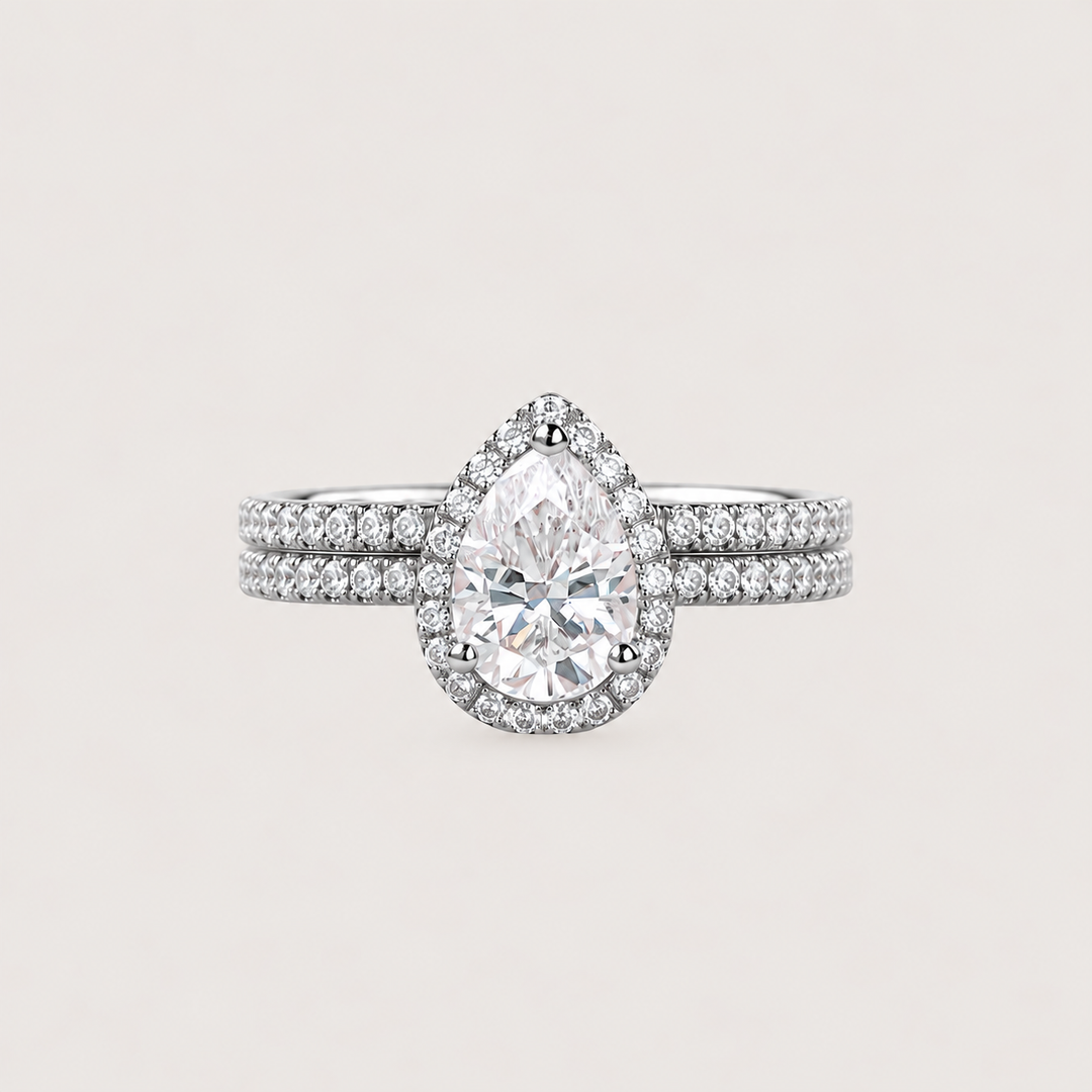 Classic Pear Moissanite Halo Ring Set 2pcs - Lydia