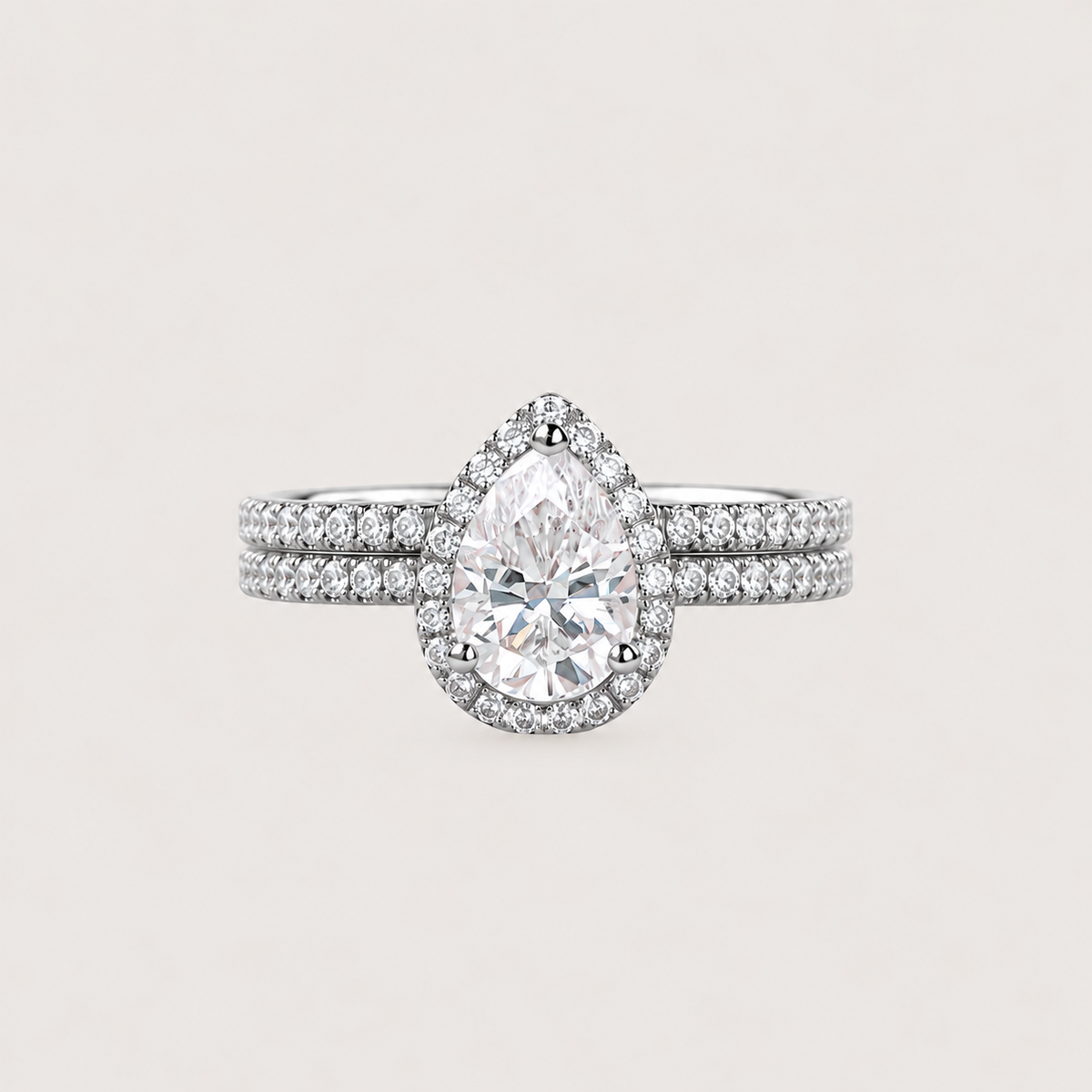 Classic Pear Moissanite Halo Ring Set 2pcs - Lydia