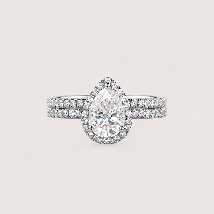 Classic Pear Moissanite Halo Ring Set 2pcs - Lydia