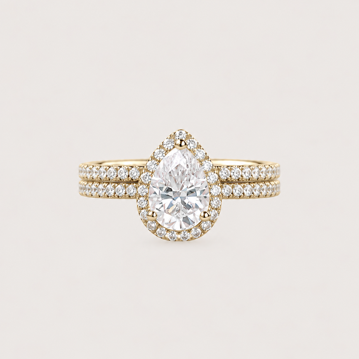 Classic Pear Moissanite Halo Ring Set 2pcs - Lydia