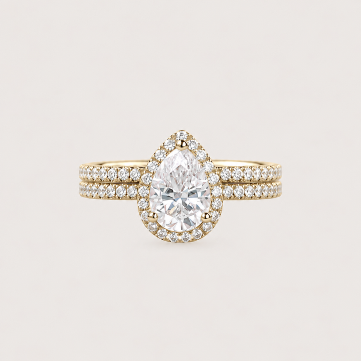 Classic Pear Moissanite Halo Ring Set 2pcs - Lydia
