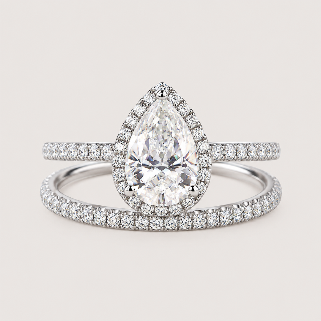 Classic Pear Moissanite Halo Ring Set 2pcs - Lydia