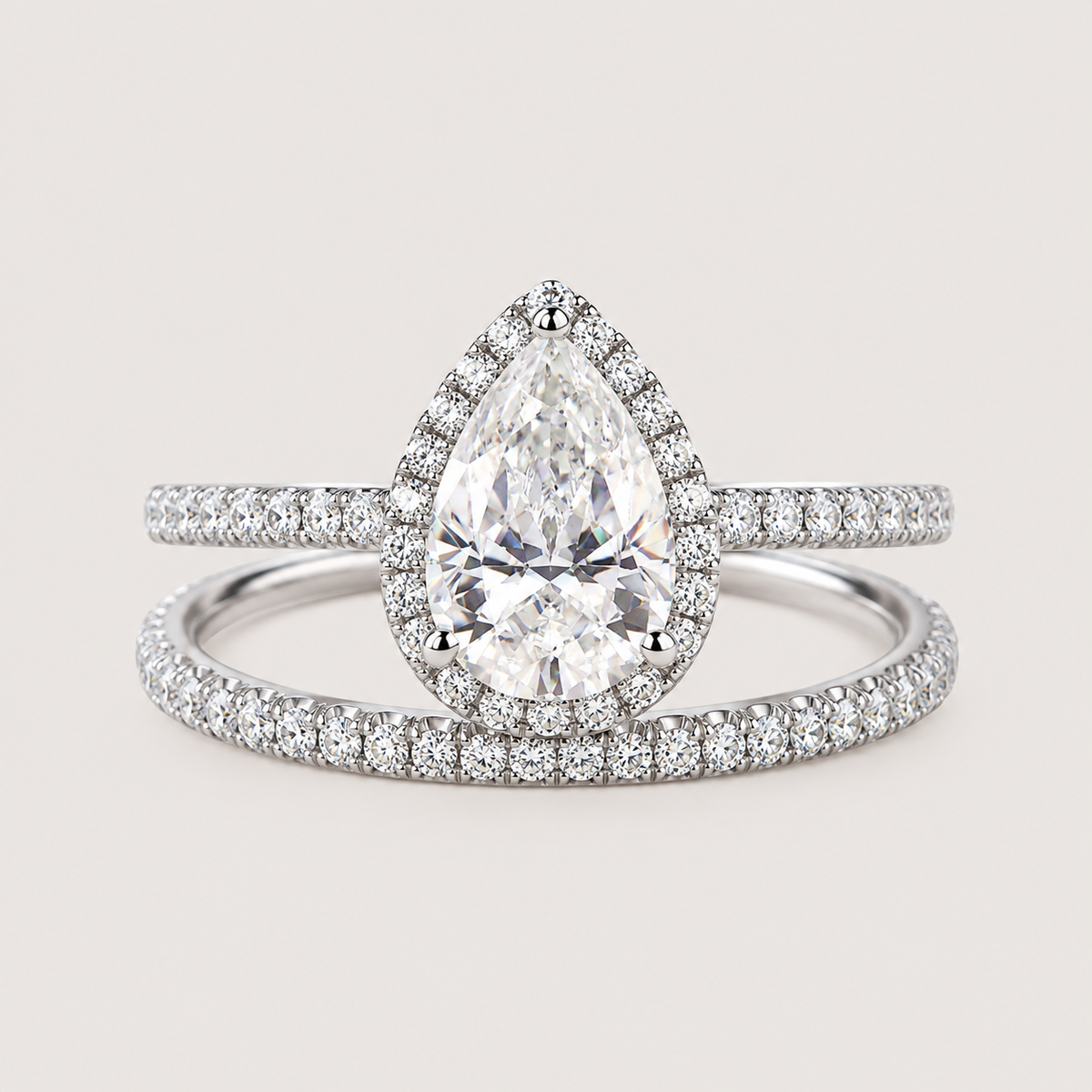 Classic Pear Moissanite Halo Ring Set 2pcs - Lydia