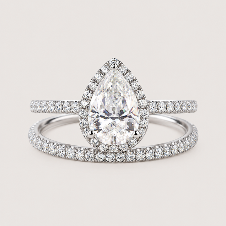Classic Pear Moissanite Halo Ring Set 2pcs - Lydia