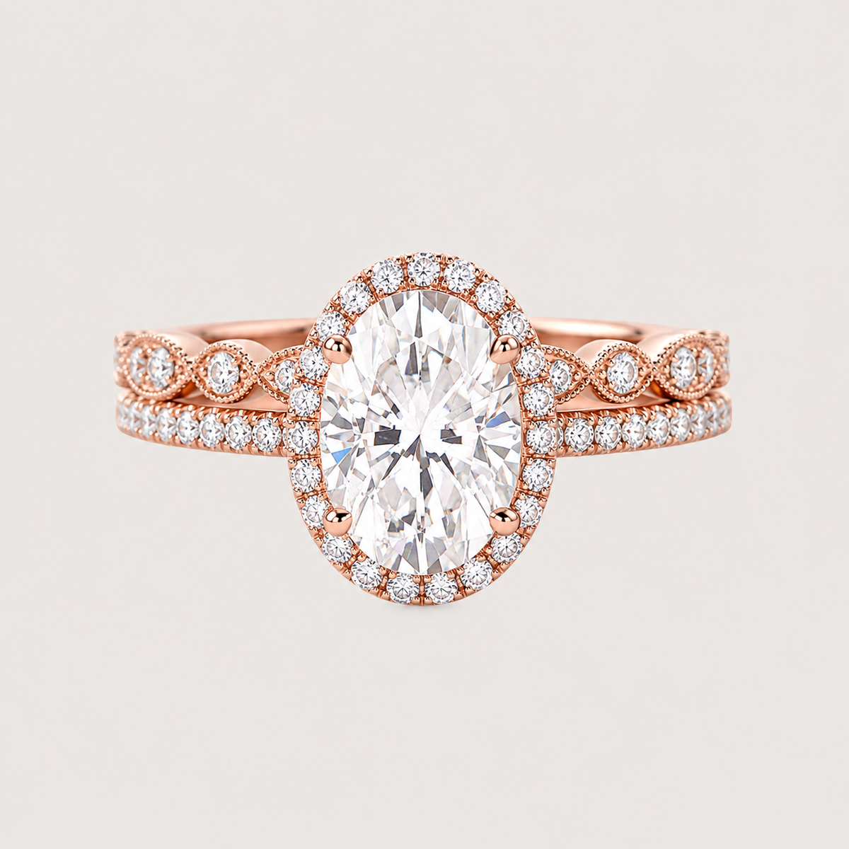 Oval Halo Moissanite Pavé Vintage Ring Set 2pcs – Beatrice