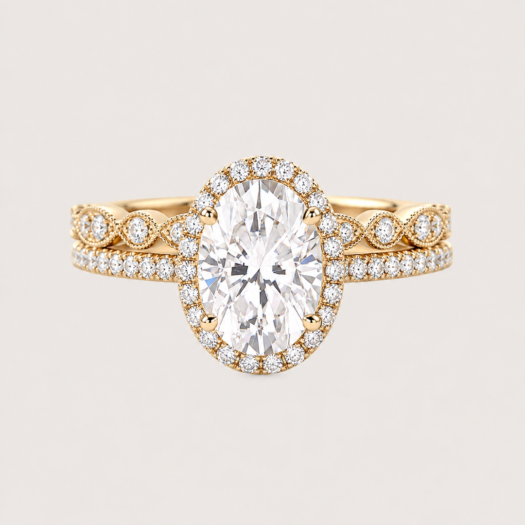 Oval Halo Moissanite Pavé Vintage Ring Set 2pcs – Beatrice