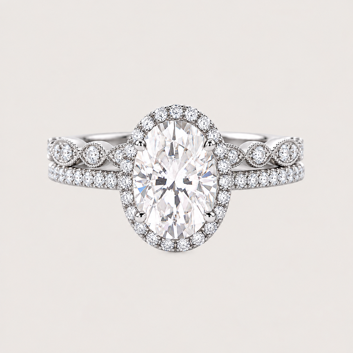 Oval Halo Moissanite Pavé Vintage Ring Set 2pcs – Beatrice