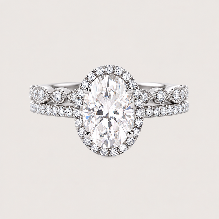 Oval Halo Moissanite Pavé Vintage Ring Set 2pcs – Beatrice
