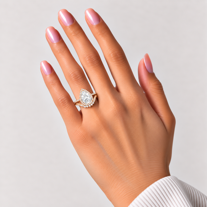 Halo Pear Moissanite &amp; Pearl Classic Ring Set 2pcs – Ella