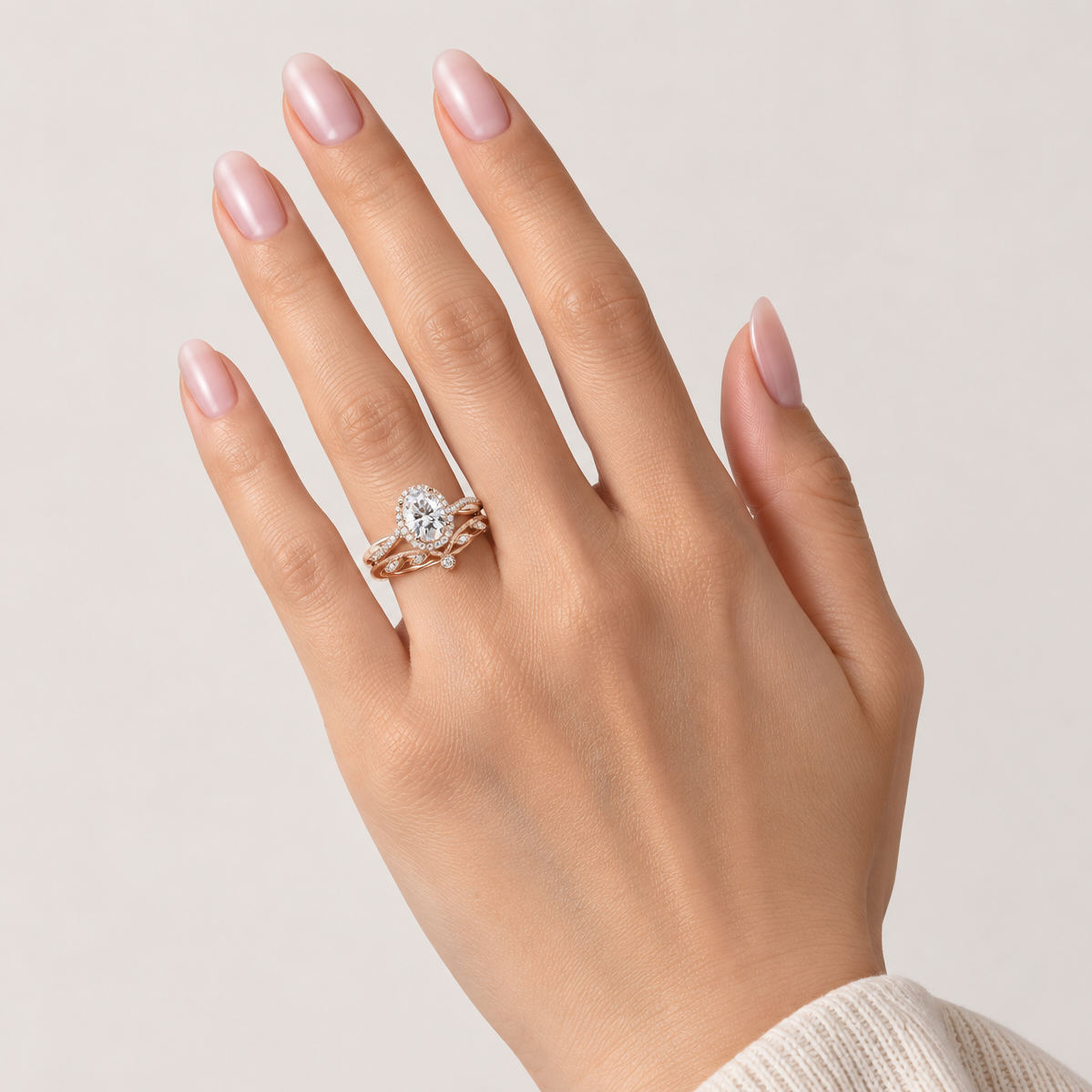 Oval Halo Moissanite Leaf & Twist Ring Set 2pcs