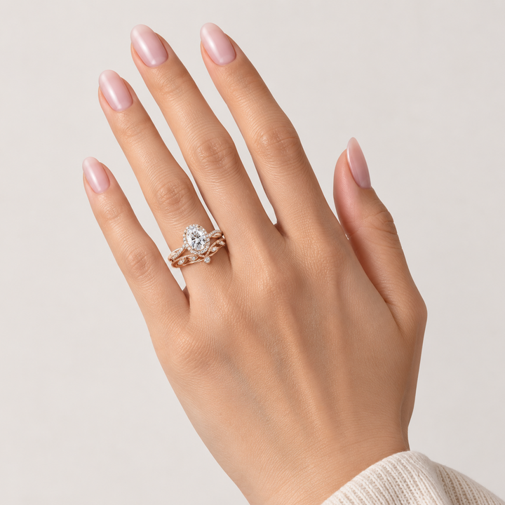 Oval Halo Moissanite Leaf &amp; Twist Ring Set 2pcs
