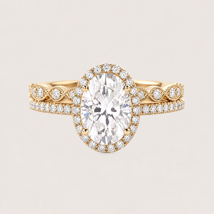 Oval Halo Moissanite Pavé Vintage Ring Set 2pcs – Beatrice