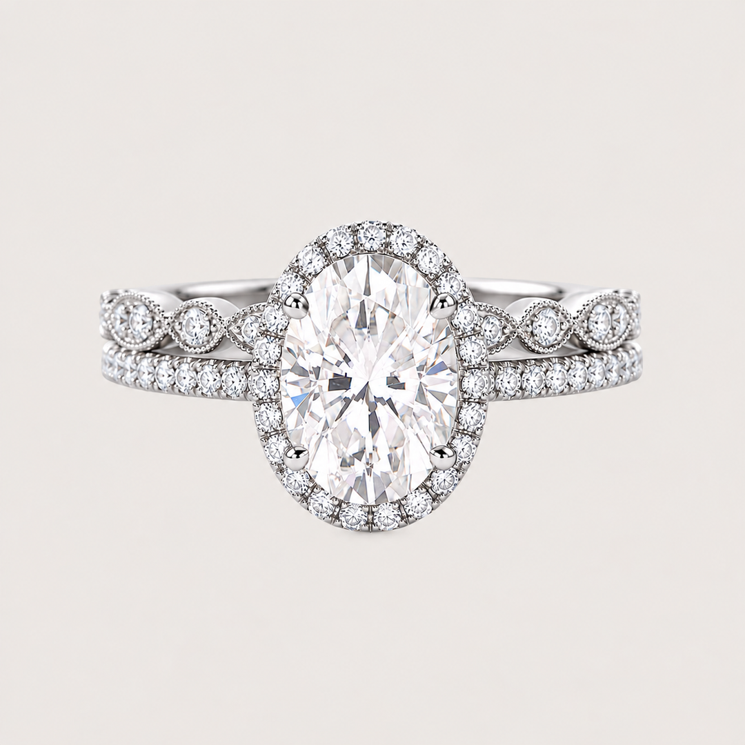 Oval Halo Moissanite Pavé Vintage Ring Set 2pcs – Beatrice