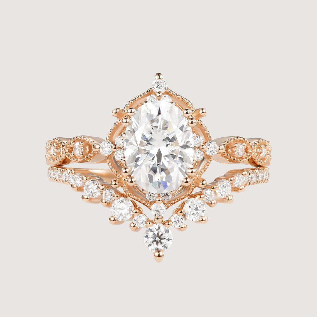 Oval Cut Moissanite Vintage Ring Set 2pcs - Charlotte