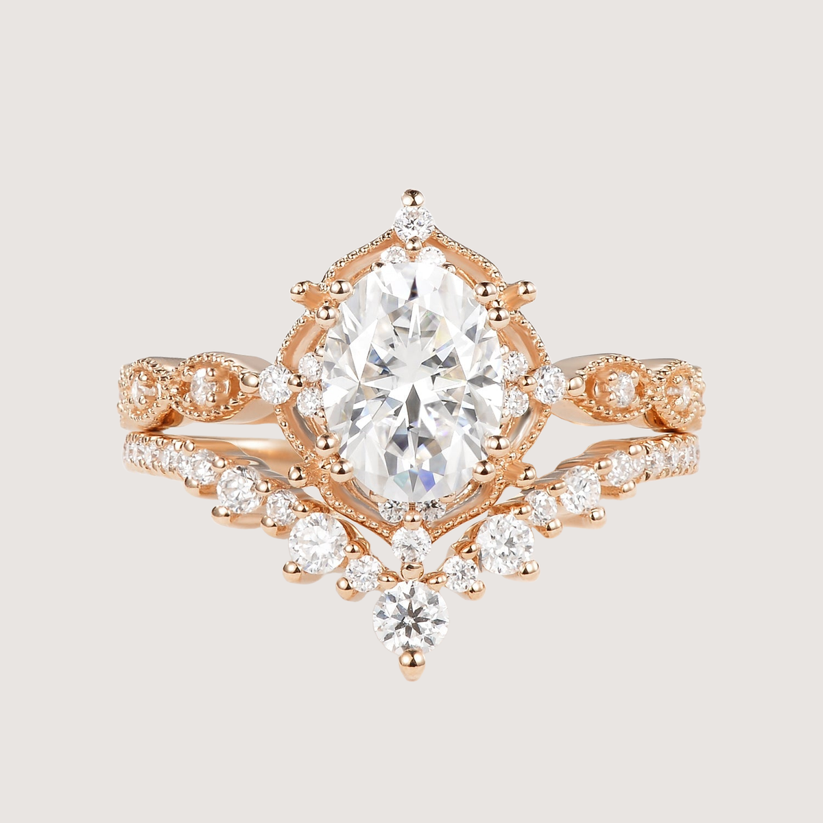 Oval Cut Moissanite Vintage Ring Set 2pcs - Charlotte