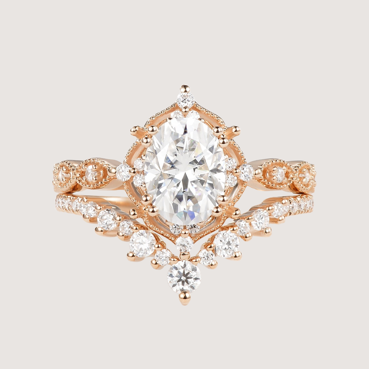 Oval Cut Moissanite Vintage Ring Set 2pcs - Charlotte
