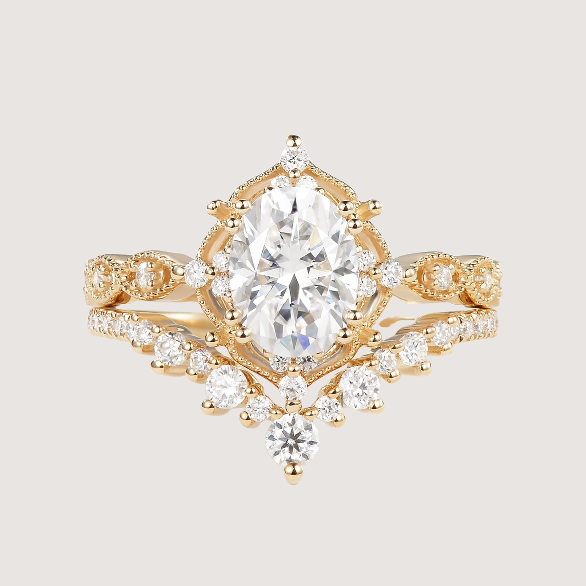 Oval Cut Moissanite Vintage Ring Set 2pcs - Charlotte