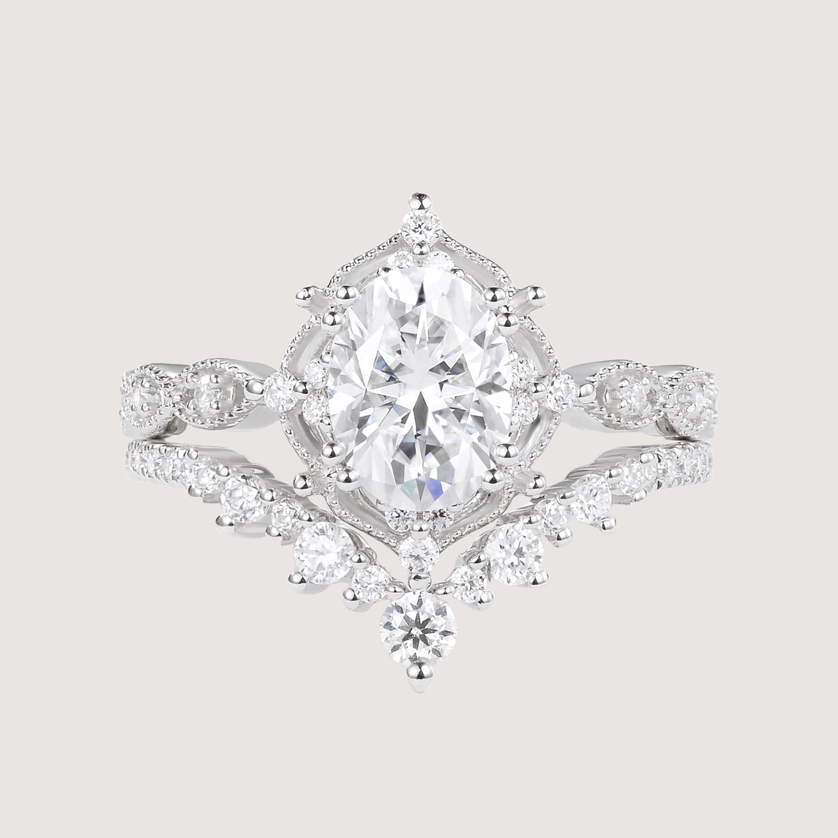 Oval Cut Moissanite Vintage Ring Set 2pcs - Charlotte