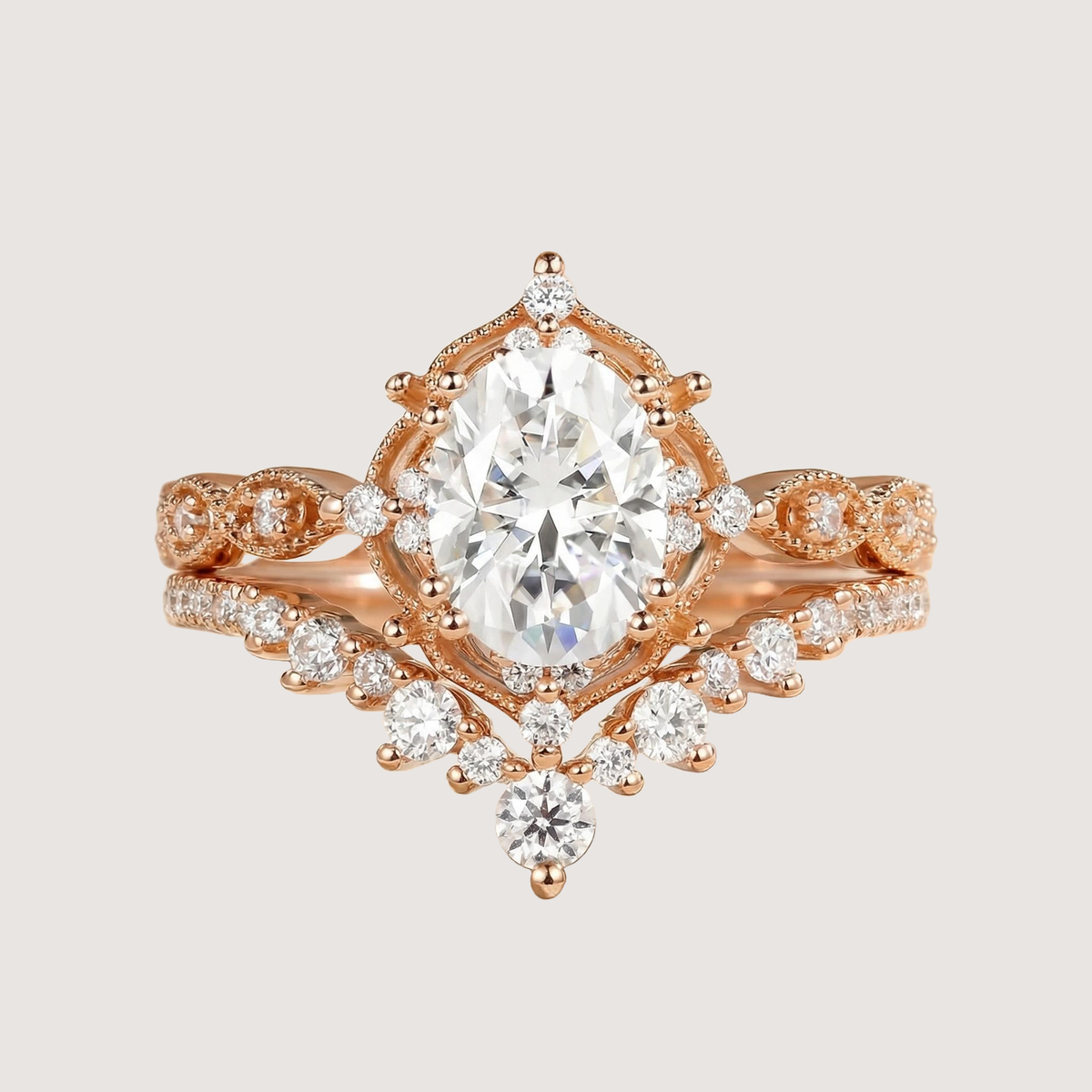 Oval Cut Moissanite Vintage Ring Set 2pcs - Charlotte