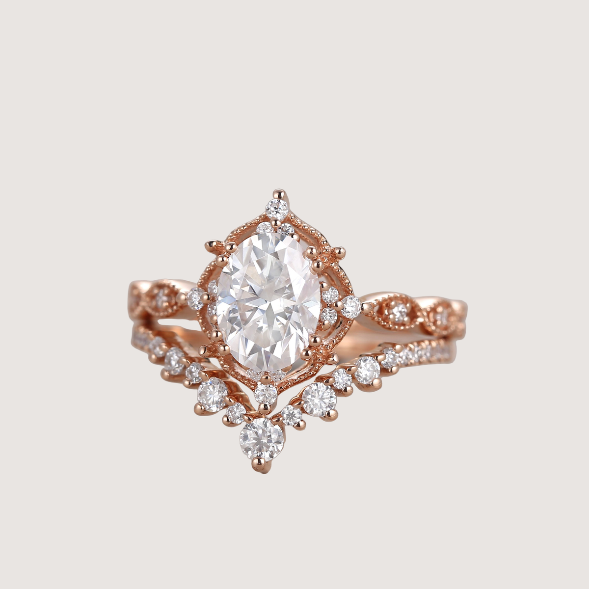 Oval Cut Moissanite Vintage Ring Set 2pcs - Charlotte
