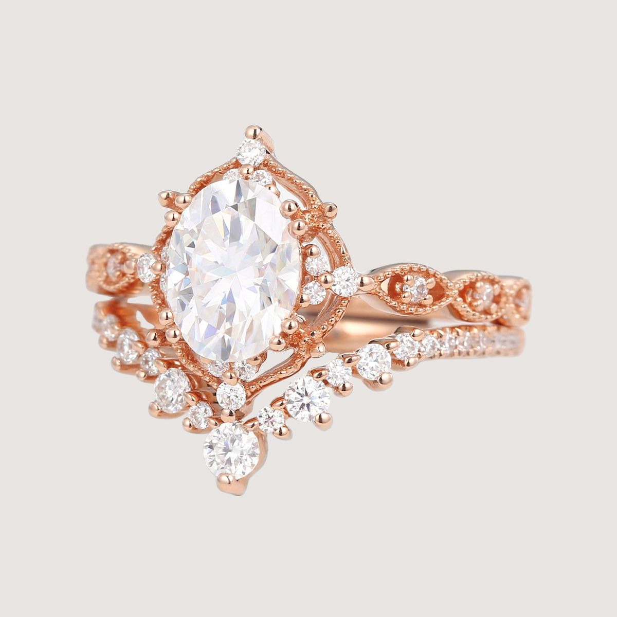 Oval Cut Moissanite Vintage Ring Set 2pcs - Charlotte