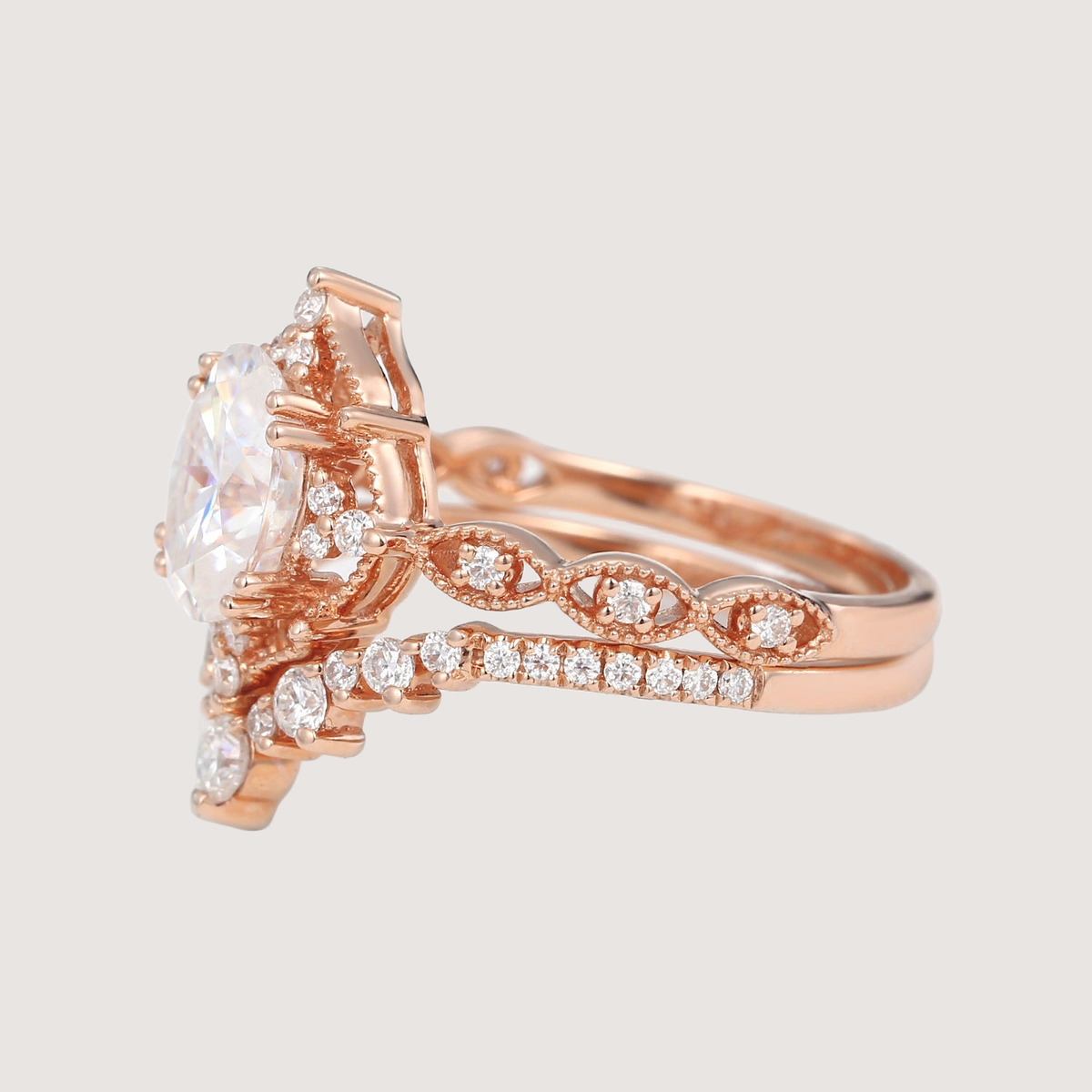 Oval Cut Moissanite Vintage Ring Set 2pcs - Charlotte