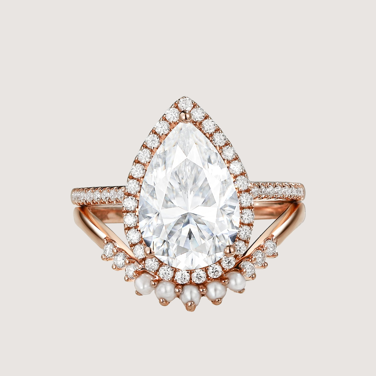 4.0ct Pear Moissanite & Pearl Classic Halo Ring Set 2pcs - Verena