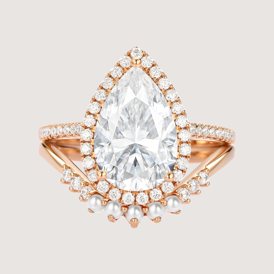 4.0ct Pear Moissanite &amp; Pearl Classic Halo Ring Set 2pcs - Verena
