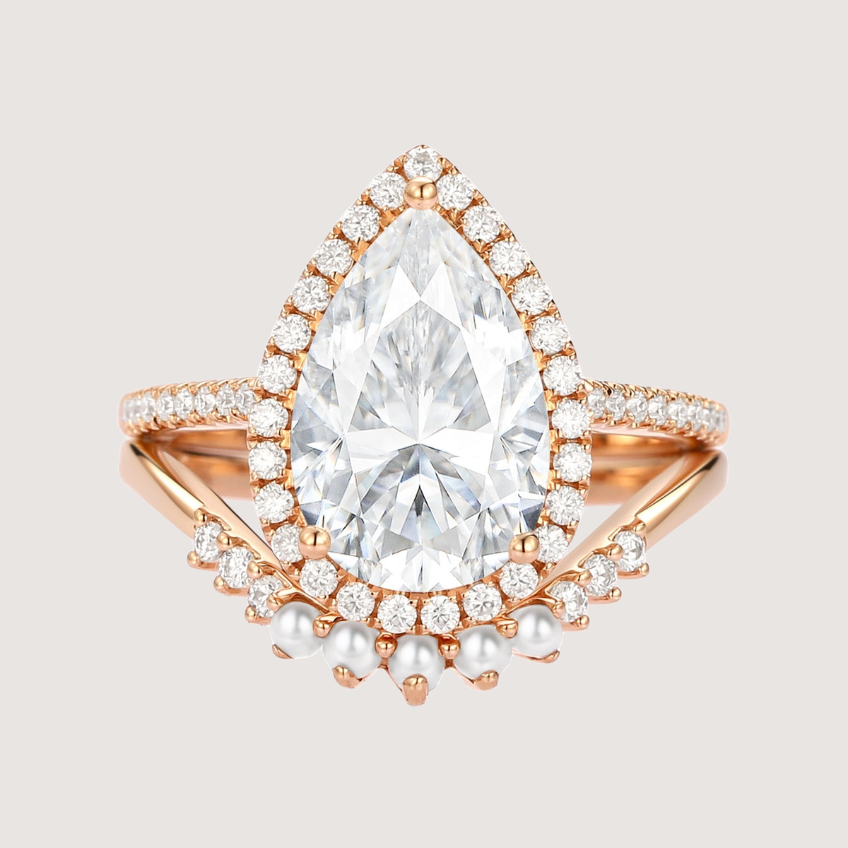 4.0ct Pear Moissanite & Pearl Classic Halo Ring Set 2pcs - Verena