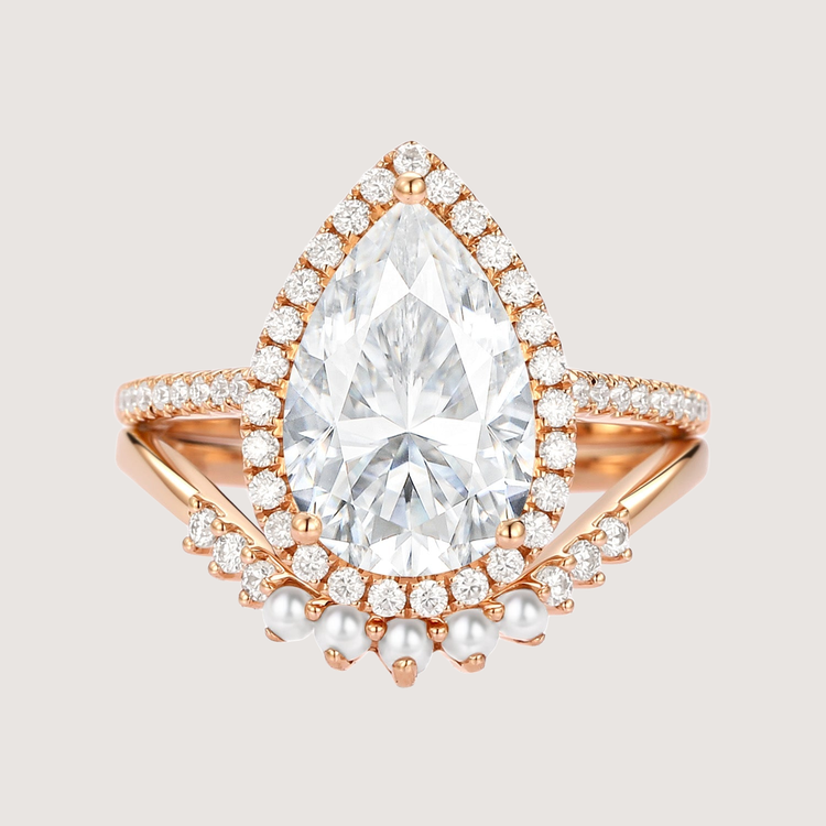 Halo Pear Moissanite & Pearl Classic Ring Set 2pcs – Ella