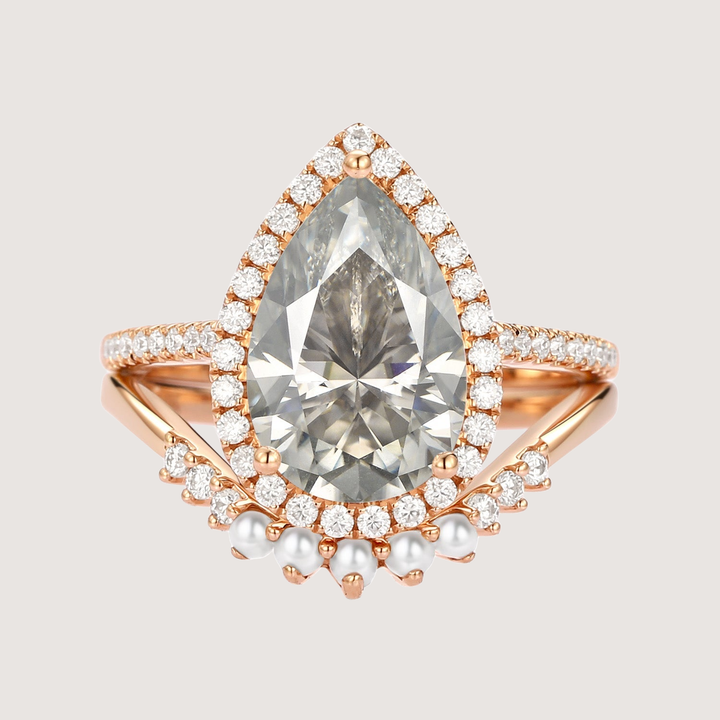 4.0ct Pear Moissanite &amp; Pearl Classic Halo Ring Set 2pcs - Verena