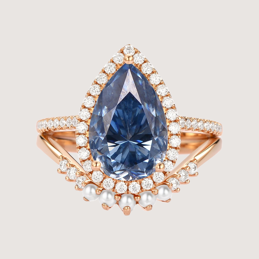 4.0ct Pear Moissanite &amp; Pearl Classic Halo Ring Set 2pcs - Verena