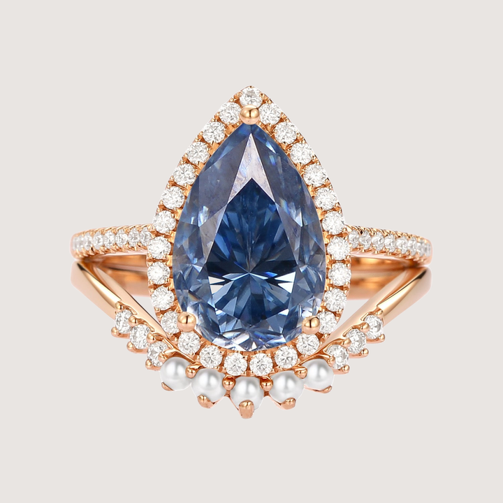 4.0ct Pear Moissanite &amp; Pearl Classic Halo Ring Set 2pcs - Verena
