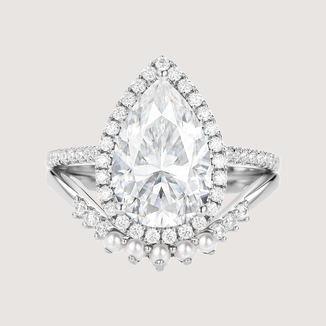 4.0ct Pear Moissanite &amp; Pearl Classic Halo Ring Set 2pcs - Verena