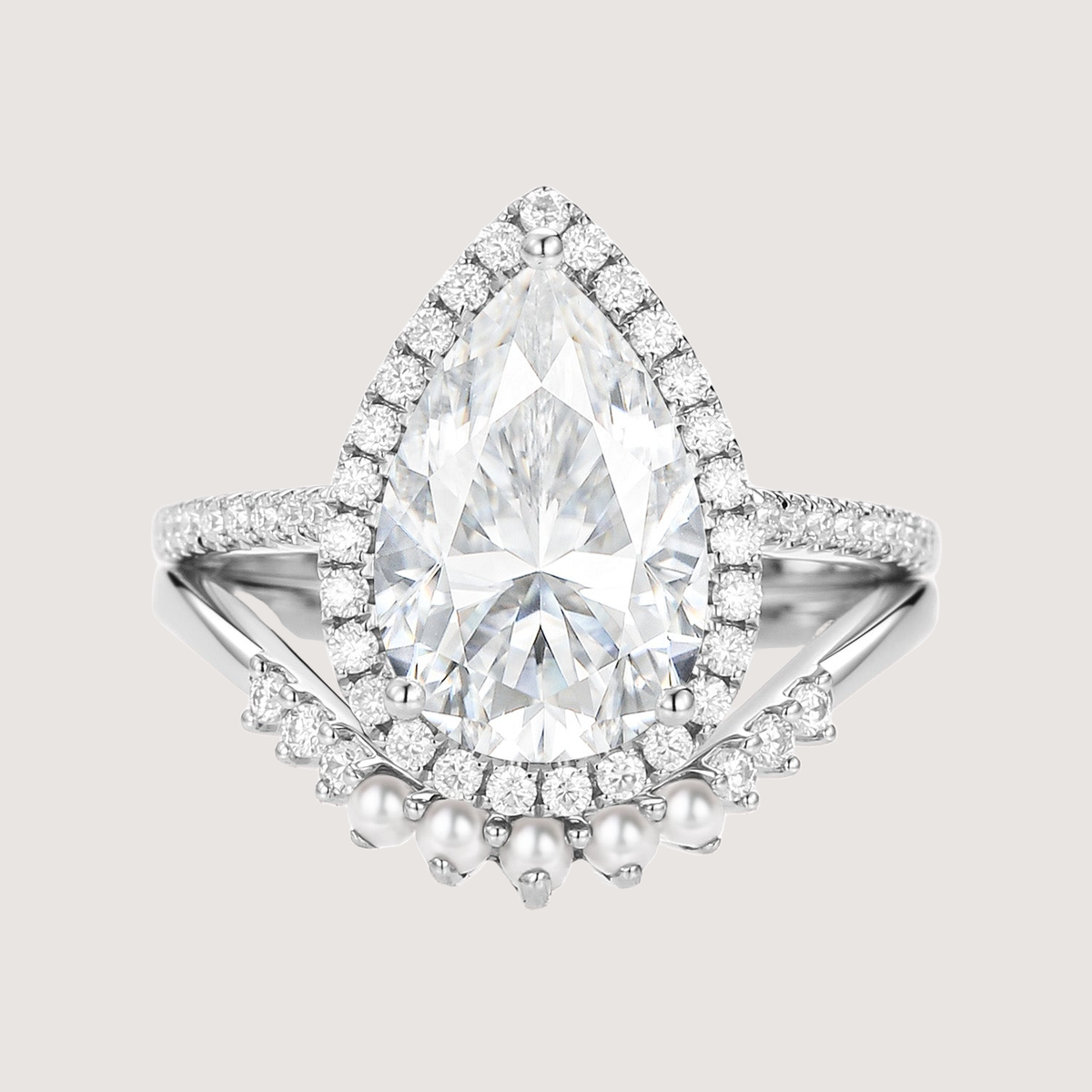 4.0ct Pear Moissanite & Pearl Classic Halo Ring Set 2pcs - Verena