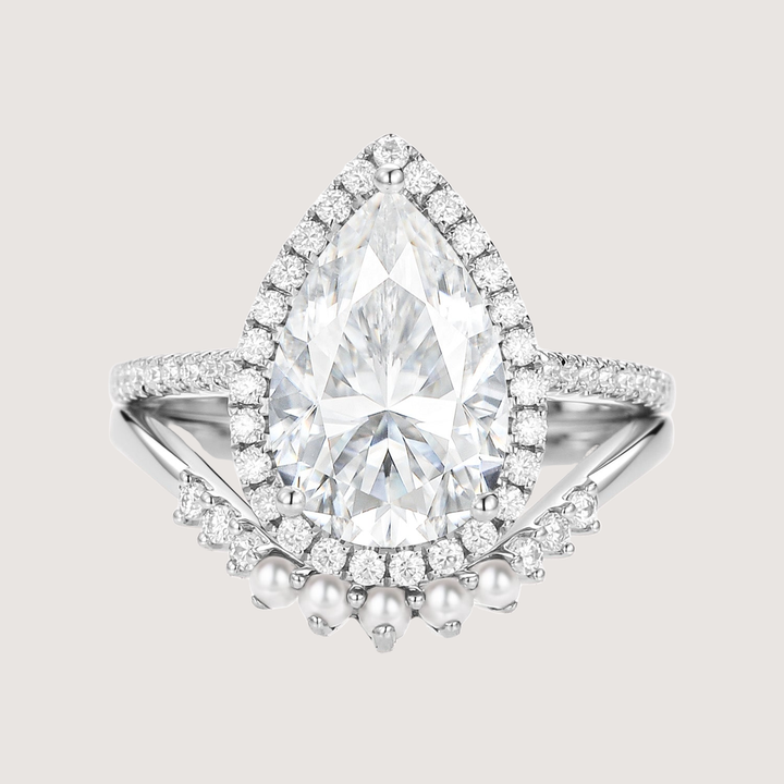4.0ct Pear Moissanite &amp; Pearl Classic Halo Ring Set 2pcs - Verena