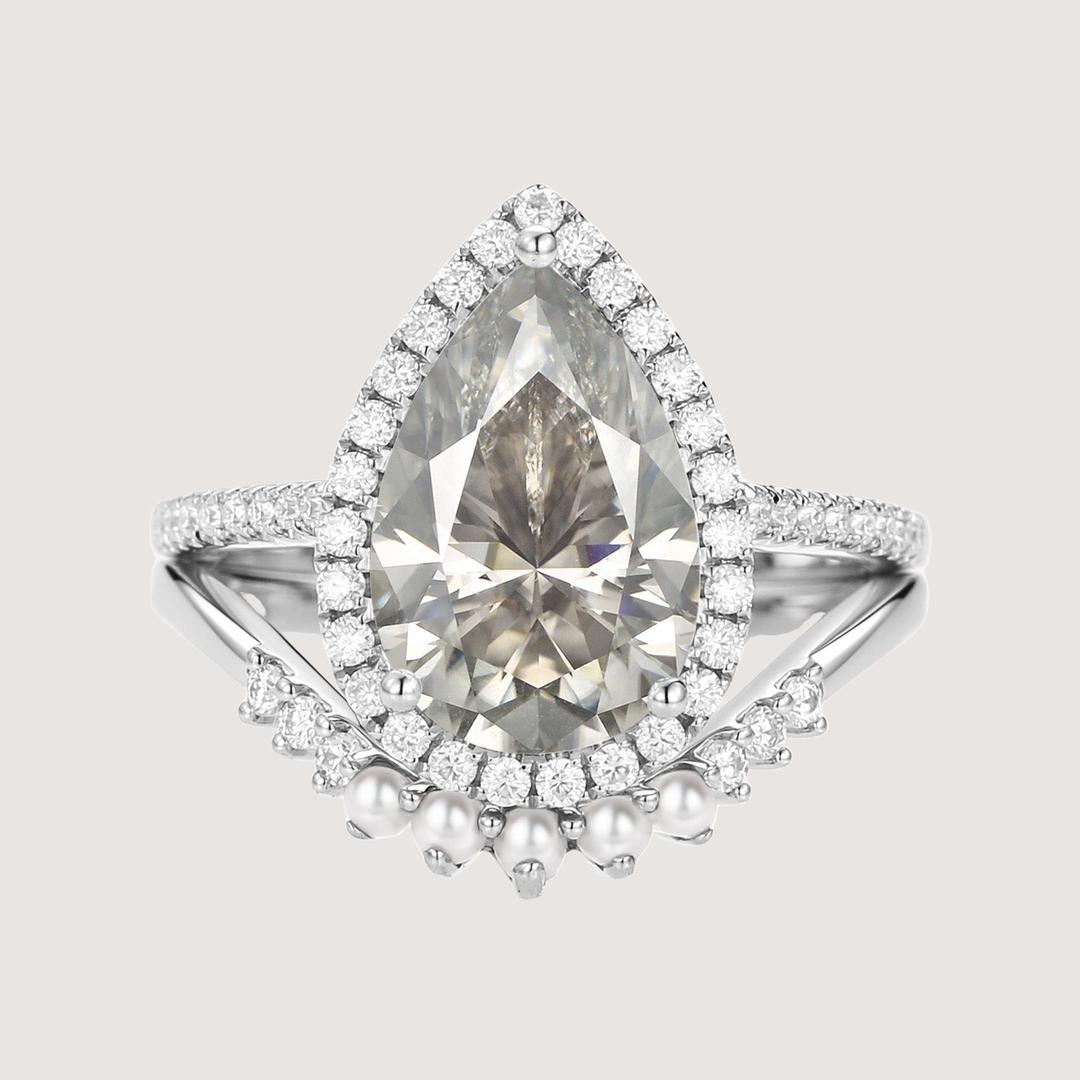4.0ct Pear Moissanite &amp; Pearl Classic Halo Ring Set 2pcs - Verena