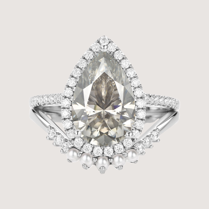 4.0ct Pear Moissanite &amp; Pearl Classic Halo Ring Set 2pcs - Verena