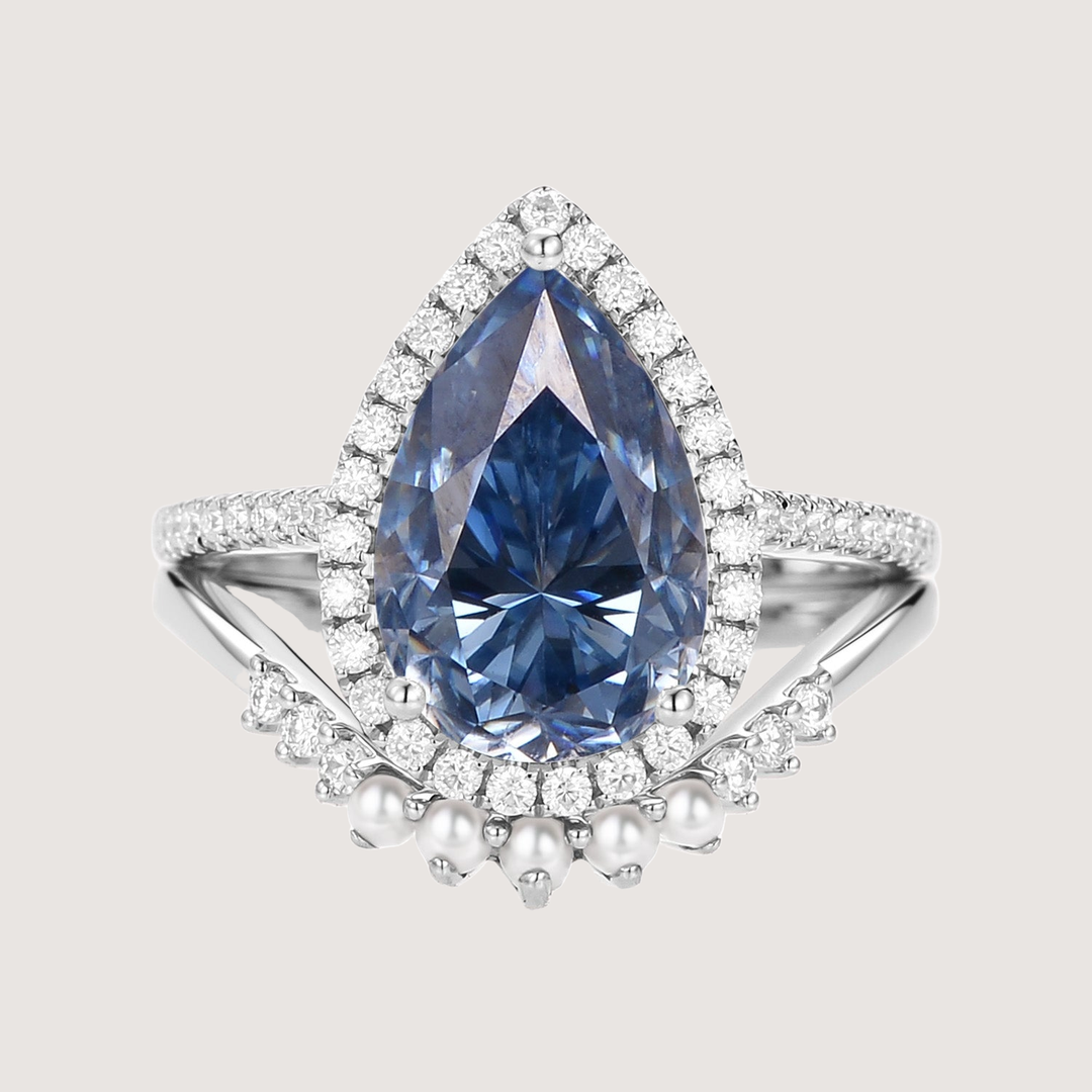 4.0ct Pear Moissanite &amp; Pearl Classic Halo Ring Set 2pcs - Verena