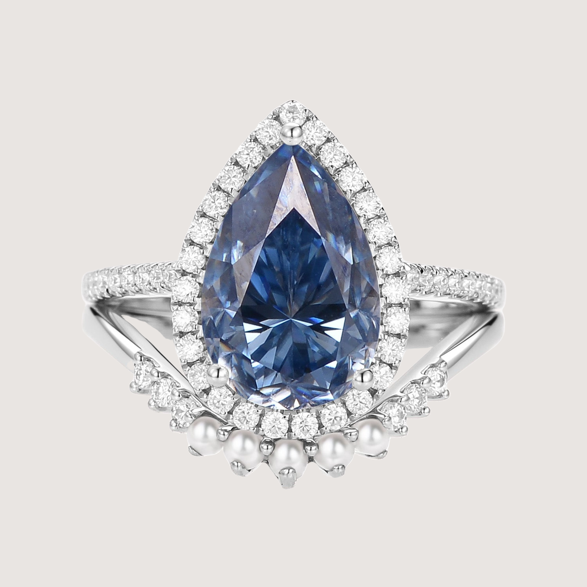 4.0ct Pear Moissanite & Pearl Classic Halo Ring Set 2pcs - Verena