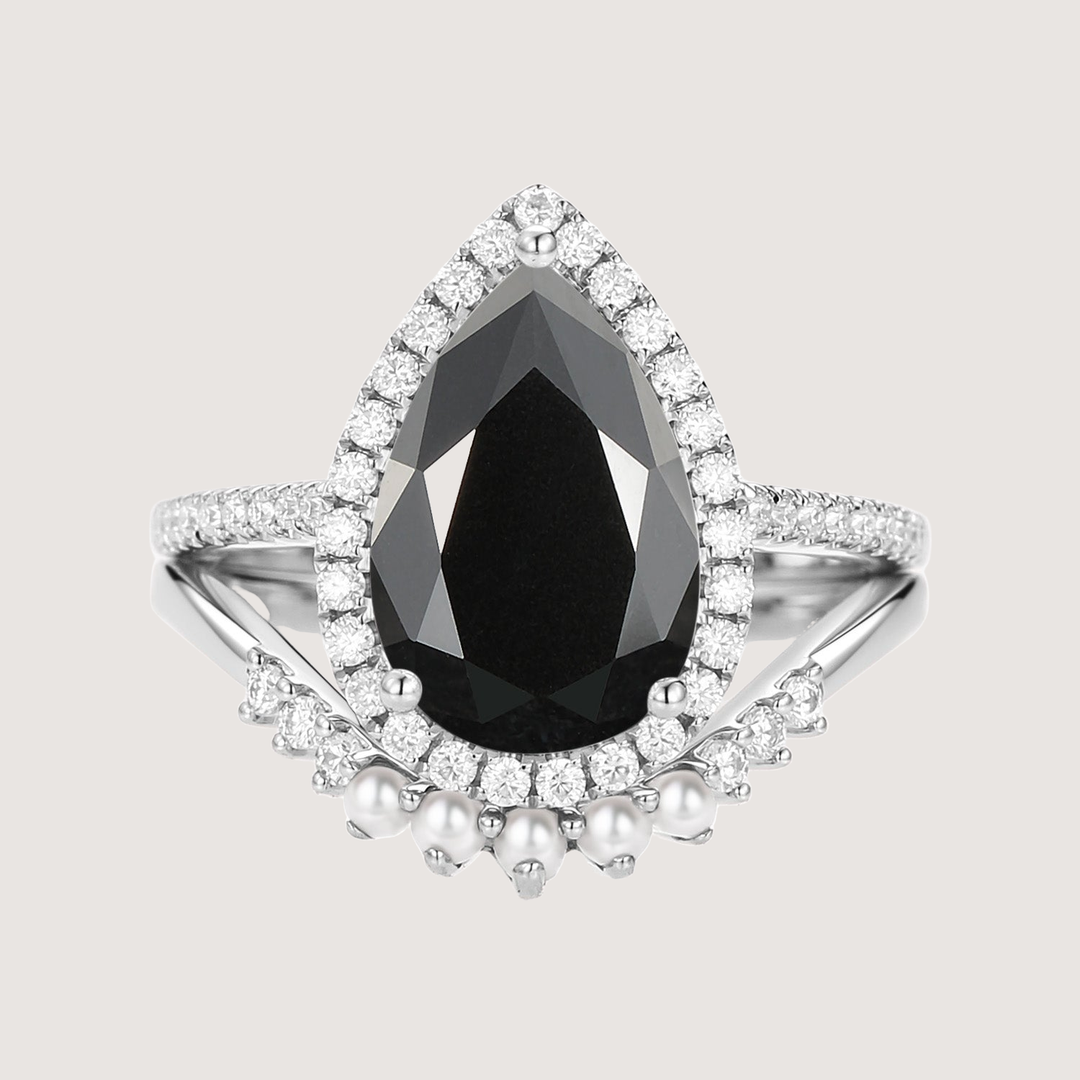 4.0ct Pear Moissanite &amp; Pearl Classic Halo Ring Set 2pcs - Verena