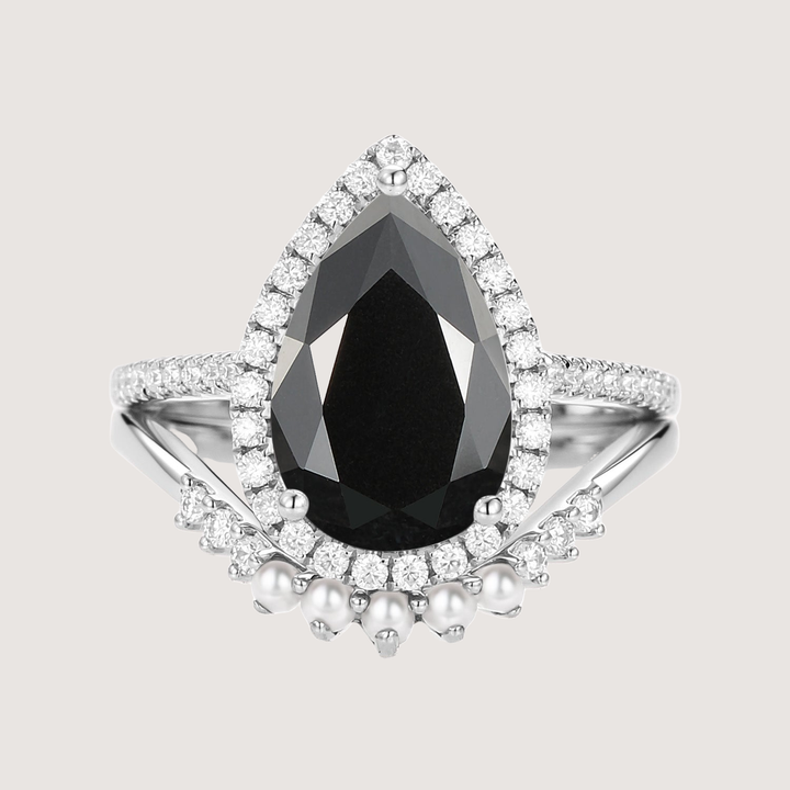 4.0ct Pear Moissanite &amp; Pearl Classic Halo Ring Set 2pcs - Verena