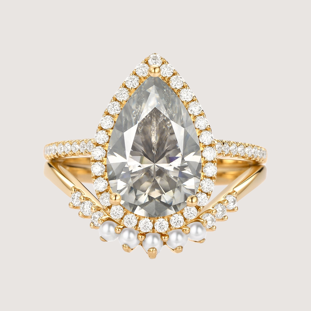 4.0ct Pear Moissanite &amp; Pearl Classic Halo Ring Set 2pcs - Verena