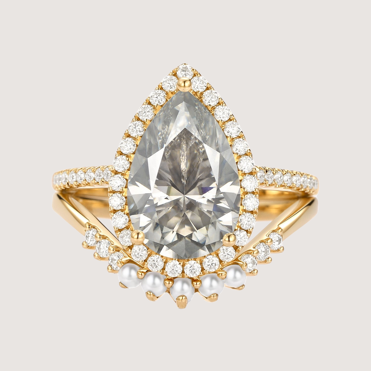 4.0ct Pear Moissanite & Pearl Classic Halo Ring Set 2pcs - Verena