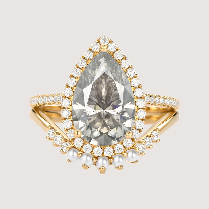 4.0ct Pear Moissanite &amp; Pearl Classic Halo Ring Set 2pcs - Verena