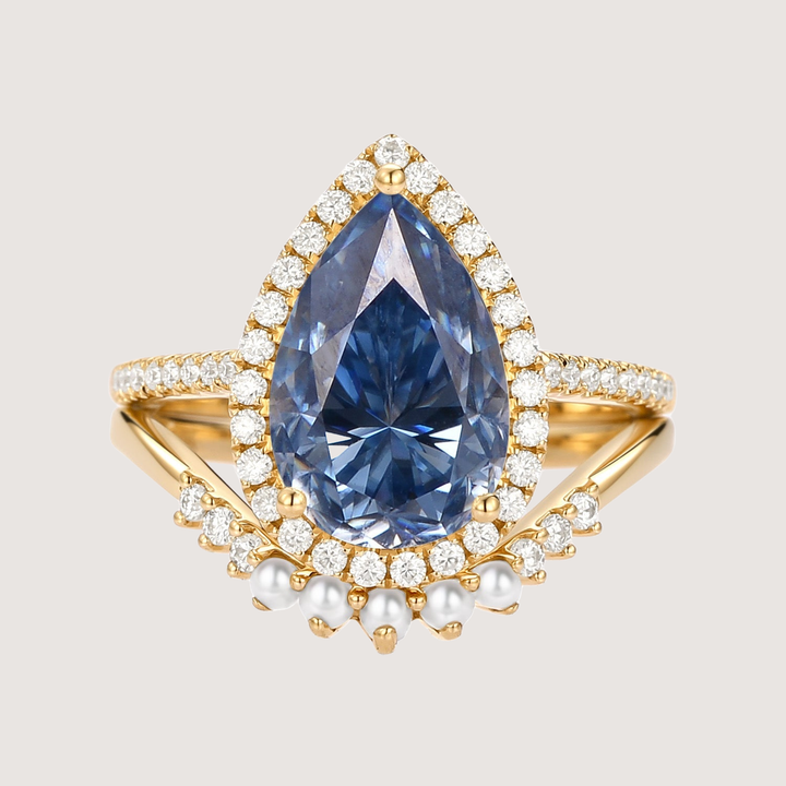 4.0ct Pear Moissanite &amp; Pearl Classic Halo Ring Set 2pcs - Verena