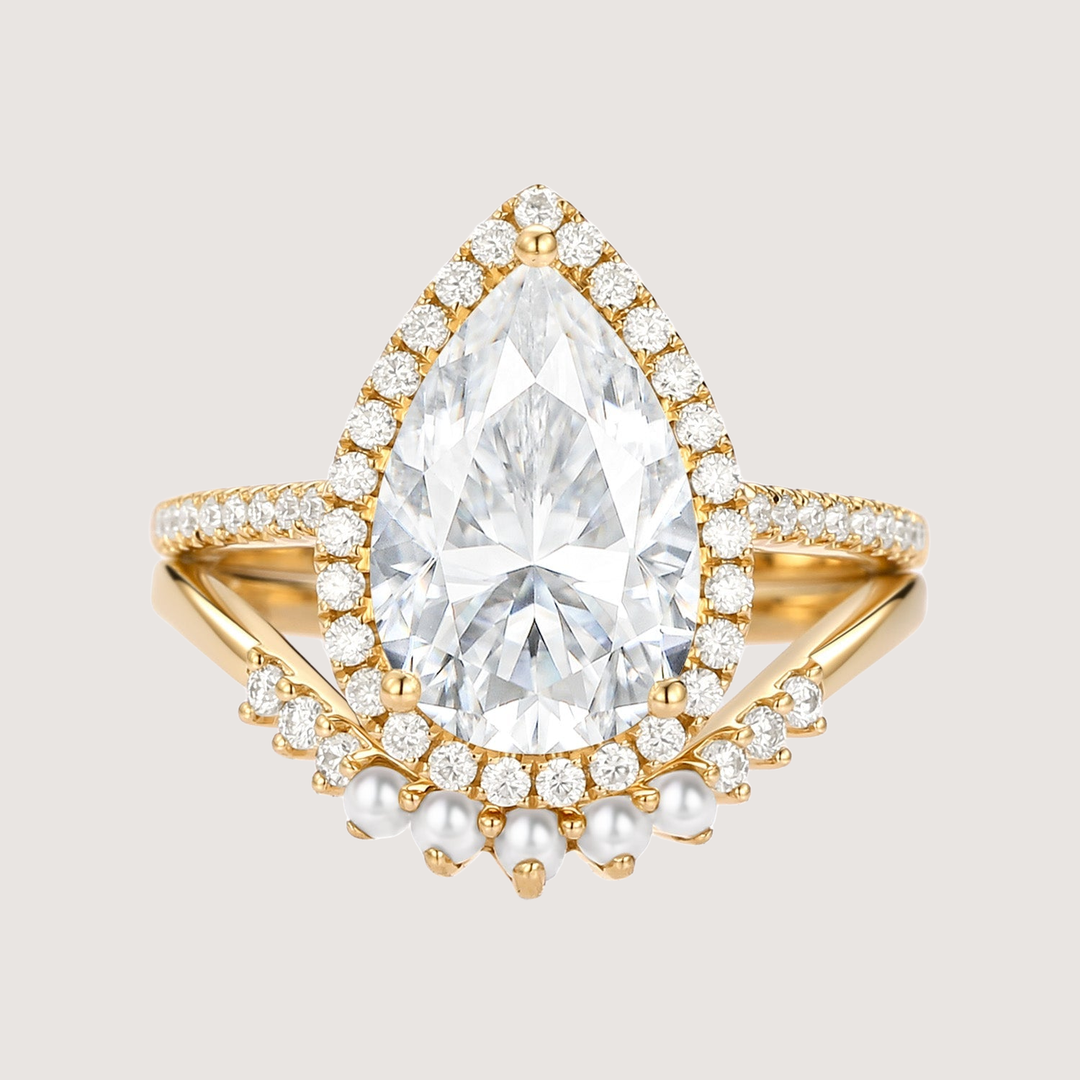 4.0ct Pear Moissanite &amp; Pearl Classic Halo Ring Set 2pcs - Verena